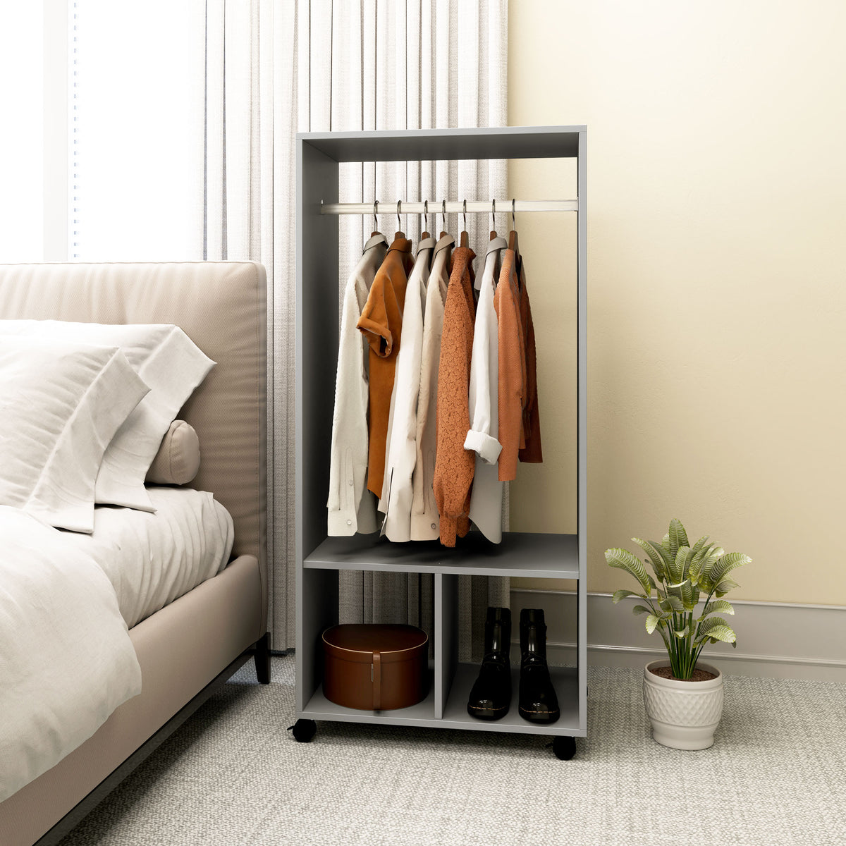 Armoire penderie étagère 2 niches penderie 4 roulettes pivotantes dim. 60L x 40l x 128H cm gris