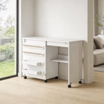 Table de Couture Pliante, Meuble Couture Roulant, Porte Magnétique de Grange, 2 Bacs, Étagère, 18 Chevilles, Blanc