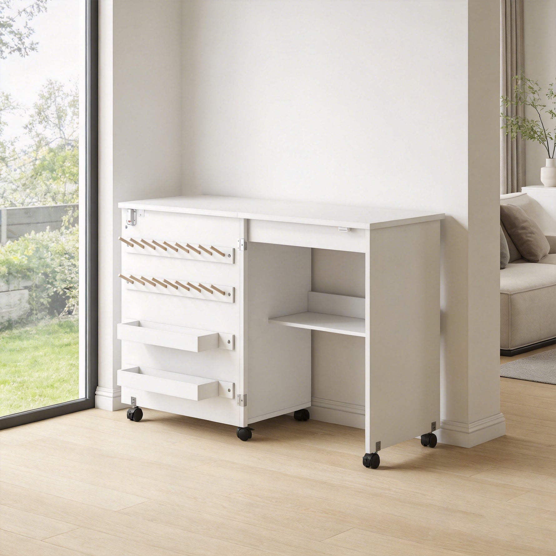 Table de Couture Pliante, Meuble Couture Roulant, Porte Magnétique de Grange, 2 Bacs, Étagère, 18 Chevilles, Blanc