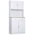 Buffet haut cuisine, armoire de cuisine, 4 portes, tiroir, plan de travail et étagères réglables, 80x40x180cm, blanc