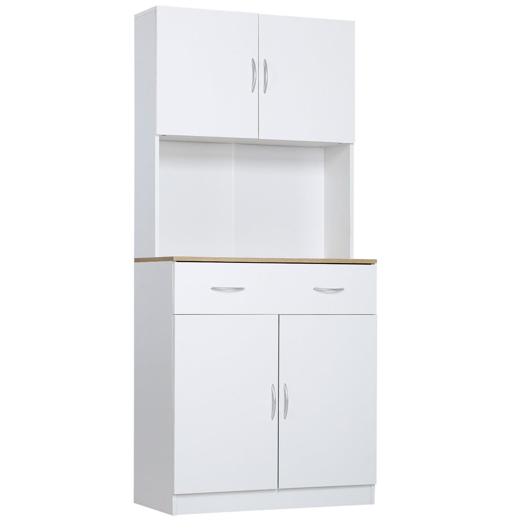 Buffet haut cuisine, armoire de cuisine, 4 portes, tiroir, plan de travail et étagères réglables, 80x40x180cm, blanc
