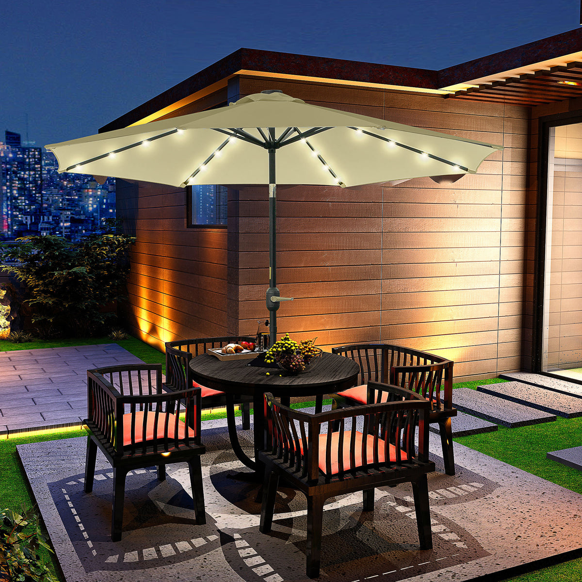 Ombrellone da giardino rotondo Ø 265 cm, luci LED solari, manovella inclinabile, palo in acciaio, 8 stecche, beige