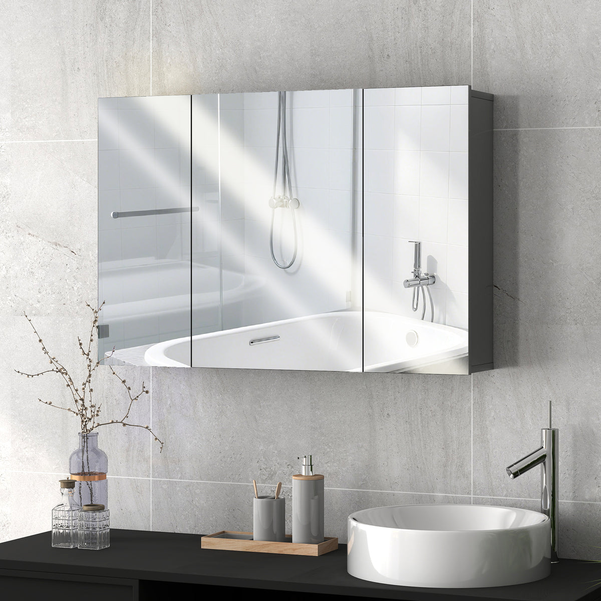 Armoire murale de salle de bain avec 3 portes miroir et étagères réglables en MDF Gris dim. 90L x 15l x 60H cm
