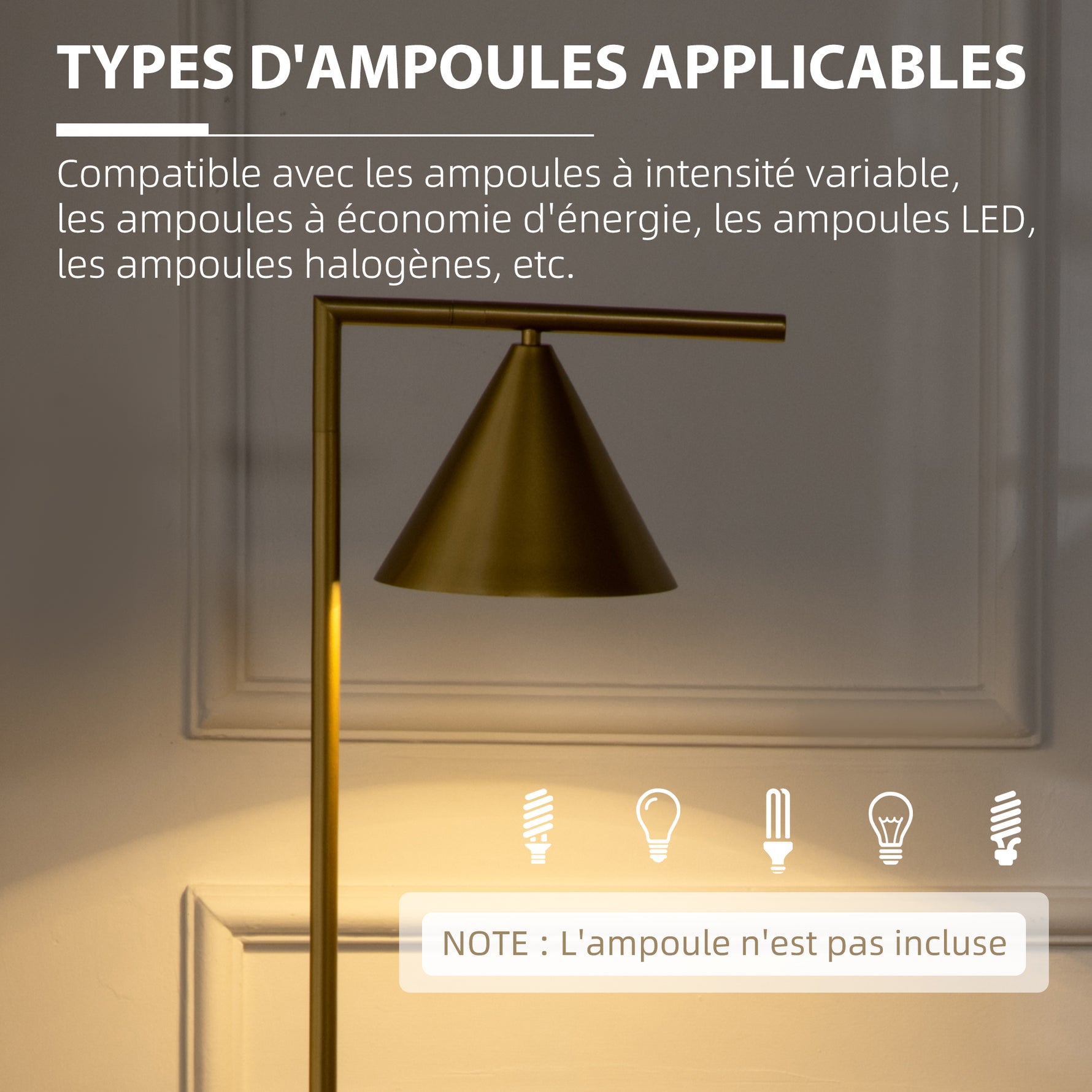 Lampadaire sur pied salon en acier avec abat-jour conique orientable base marbre 40W 35 x 26 x 153 cm doré