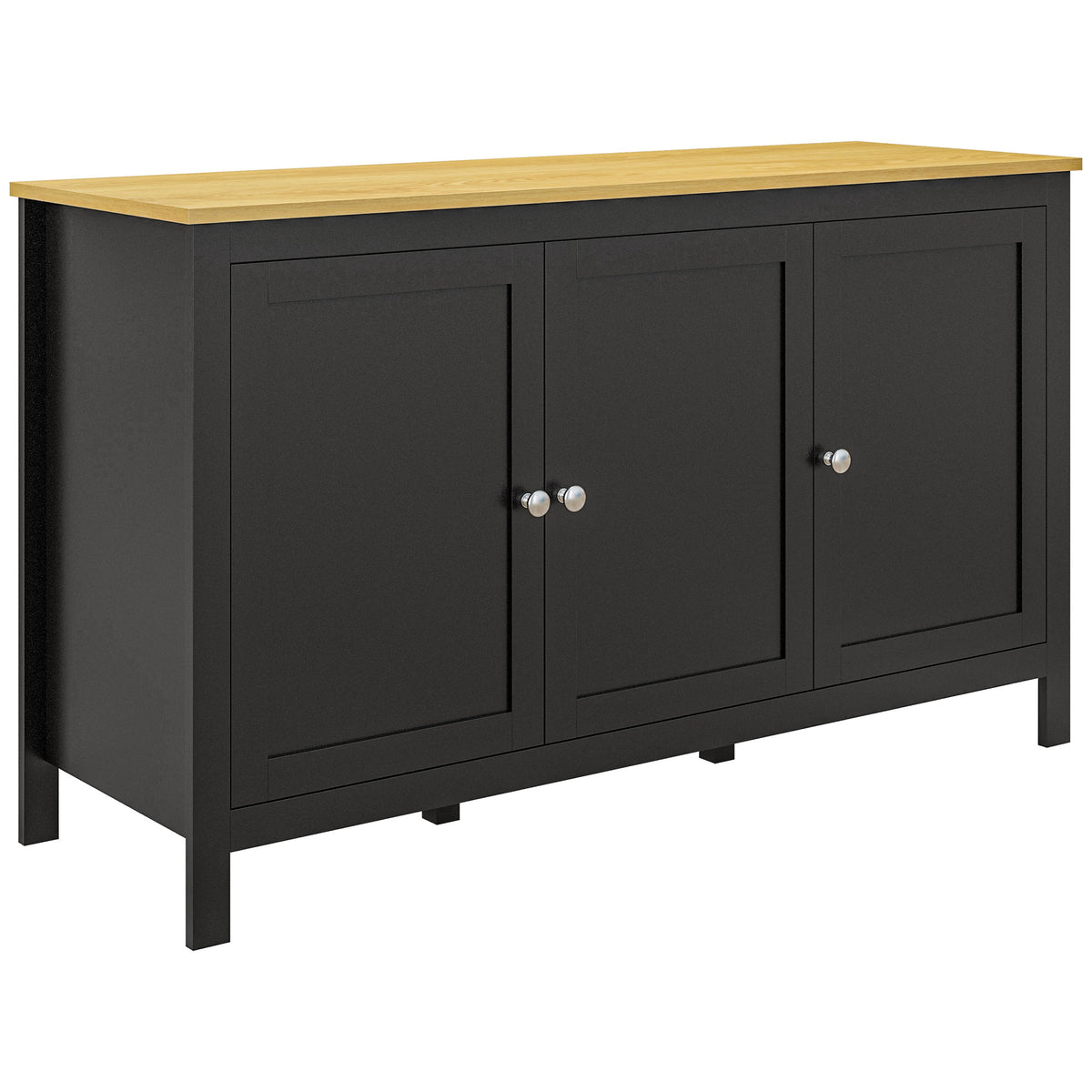 Buffet meuble de rangement avec 3 portes 2 étagères réglables plateau aspect bois clair 120 x 40 x 70 cm noir