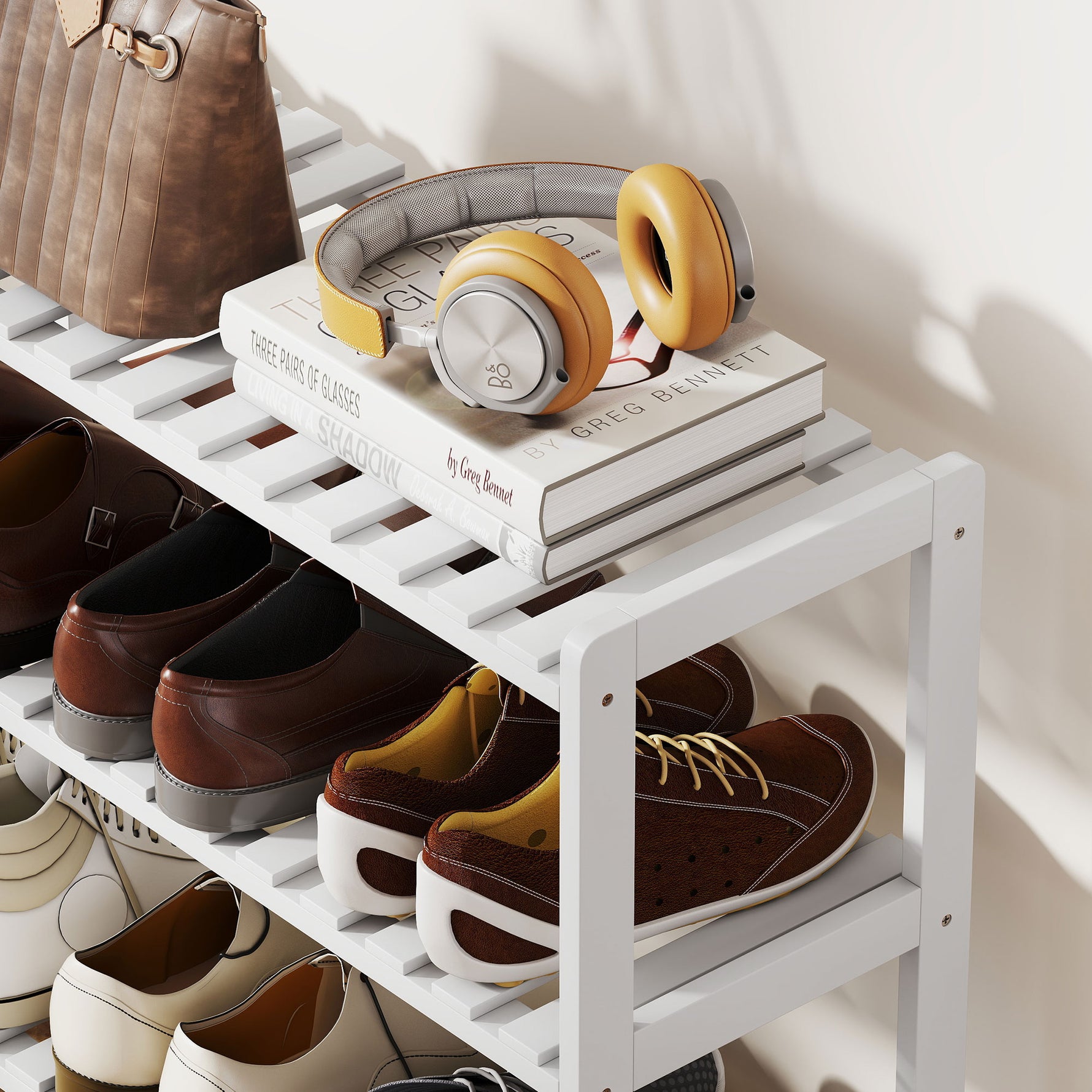 Étagère à chaussures, porte-chaussures 3 niveaux, étagères à lattes, en bois de pin， 70 x 26 x 57,5 cm, blanc