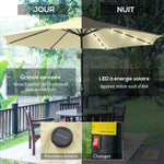 Ombrellone da giardino rotondo Ø 265 cm, luci LED solari, manovella inclinabile, palo in acciaio, 8 stecche, beige