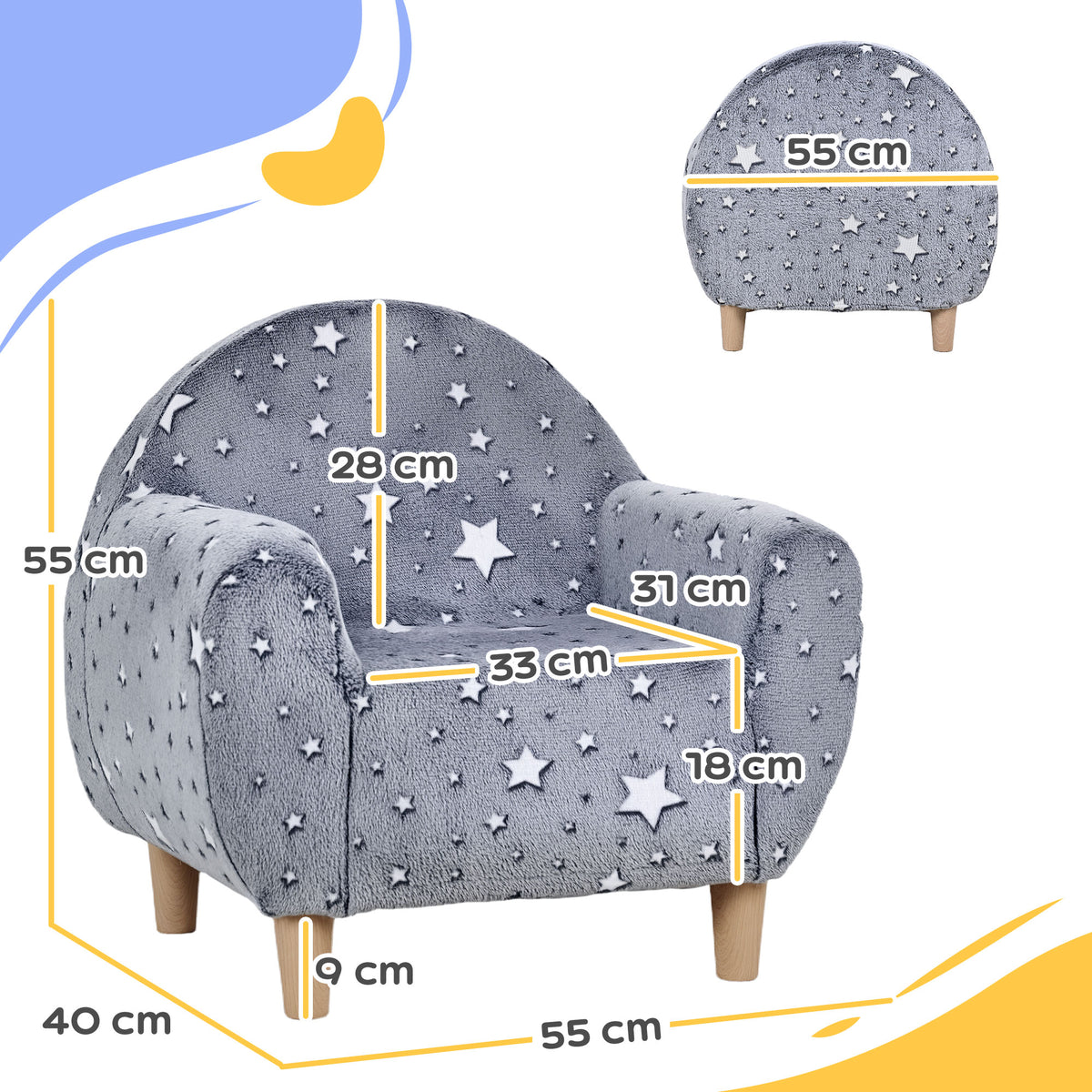 Kinder-Kindersessel, leuchtendes Kindersofa mit Sternenmuster, Samtstoff, für Jungen und Mädchen, Grau