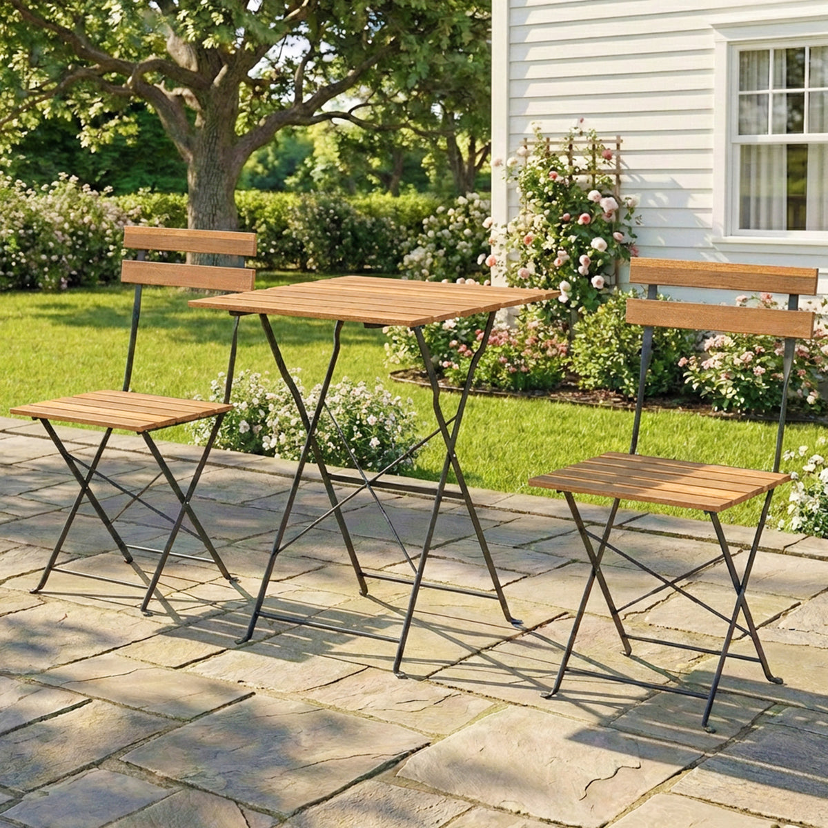 Ensemble de Salon de Jardin Bistrot 3 Pièces, 2 Chaises Pliantes, Table Carrée en Bois d'Acacia, 55x55x71cm, Naturel