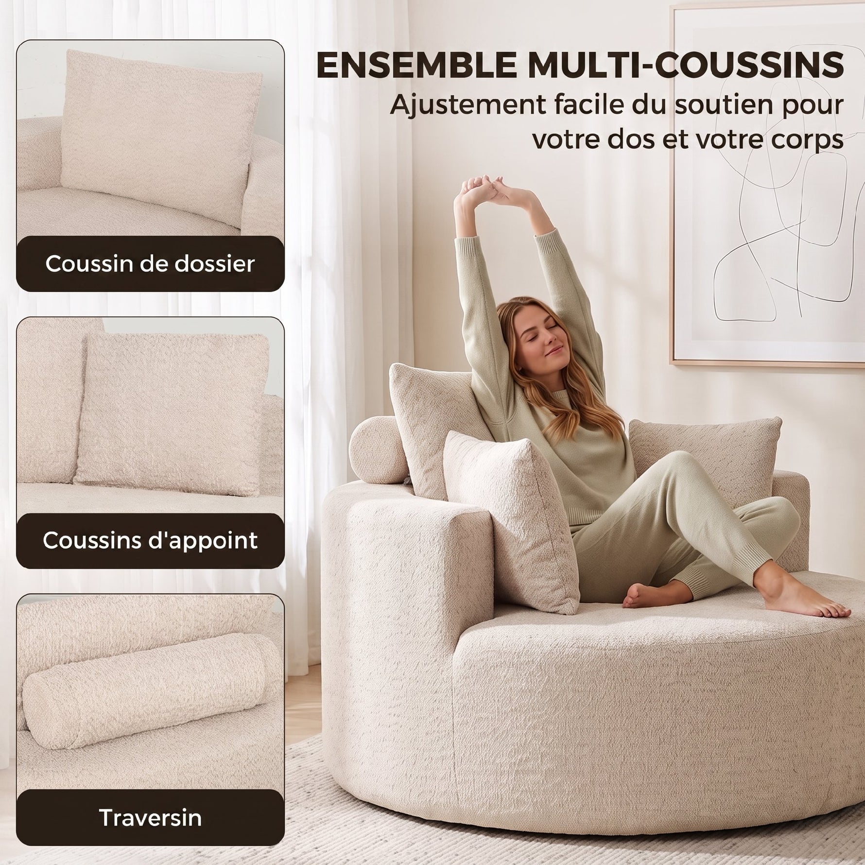 Pouf Canapé Rond en Chenille, Grande Assise, 2 Coussins, 1 Dossier, 1 Traversin, Charge 250kg, 130x130x82cm, Crème