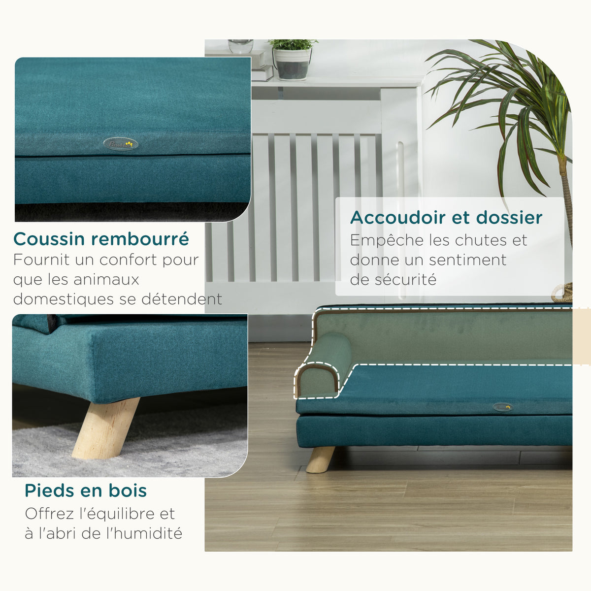 Canapé pour chien chat design scandinave coussin moelleux amovible pieds bois massif 100 x 62 x 32 cm bleu canard