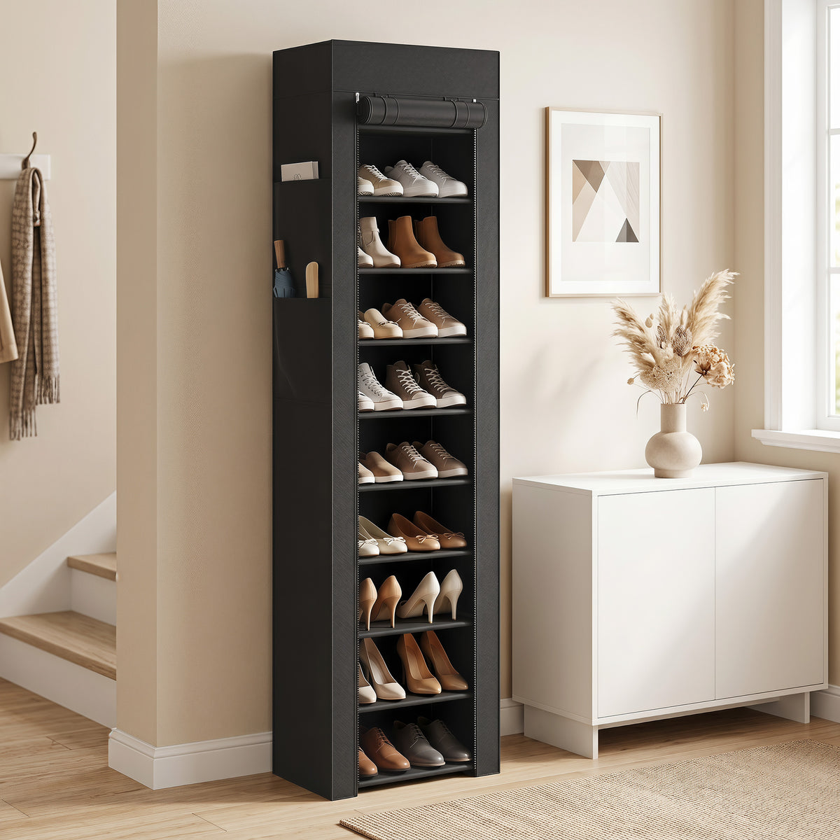 Étagère à Chaussures 20 Paires 10 Niveaux, Range-Chaussures en Métal avec Housse Anti-Poussière, Noir