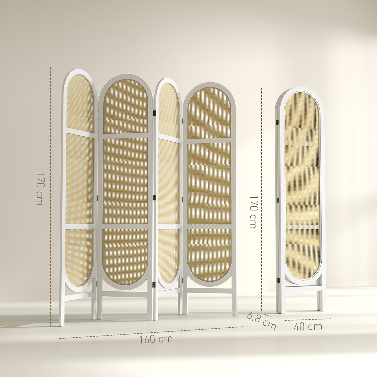 Paravento da interno in legno a 4 pannelli 170 x 160 cm, pieghevole e portatile, motivo intrecciato a mano, bianco