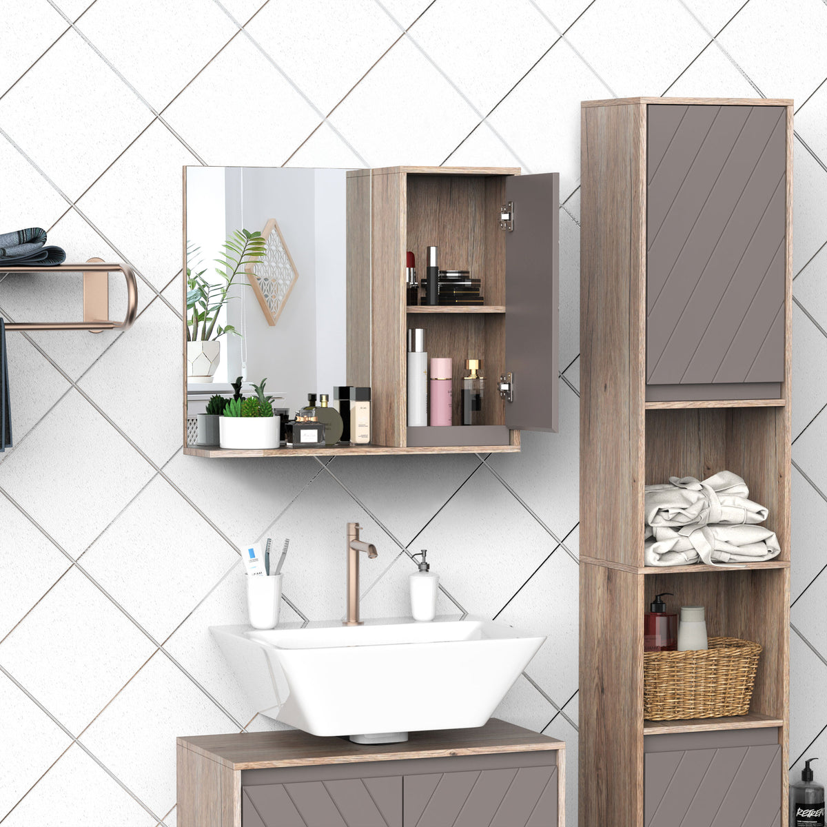 Miroir de Salle de Bain avec étagère et Placard - système Fixation intégré - Panneaux Particules chêne Clair Gris
