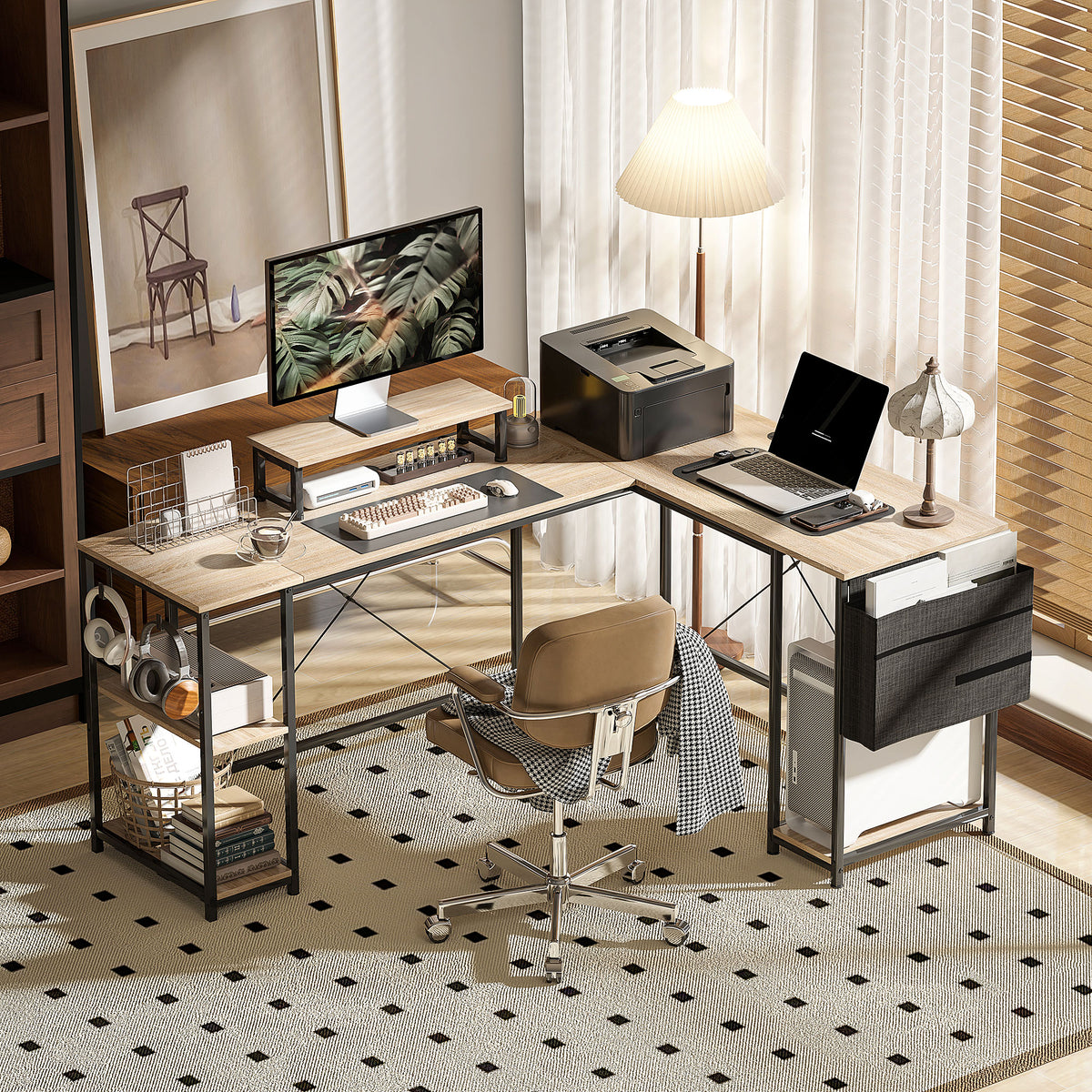 Modulair omkeerbaar hoekbureau 168-240 cm industriële stijl - verstelbare plank, opbergtas, monitorsteun