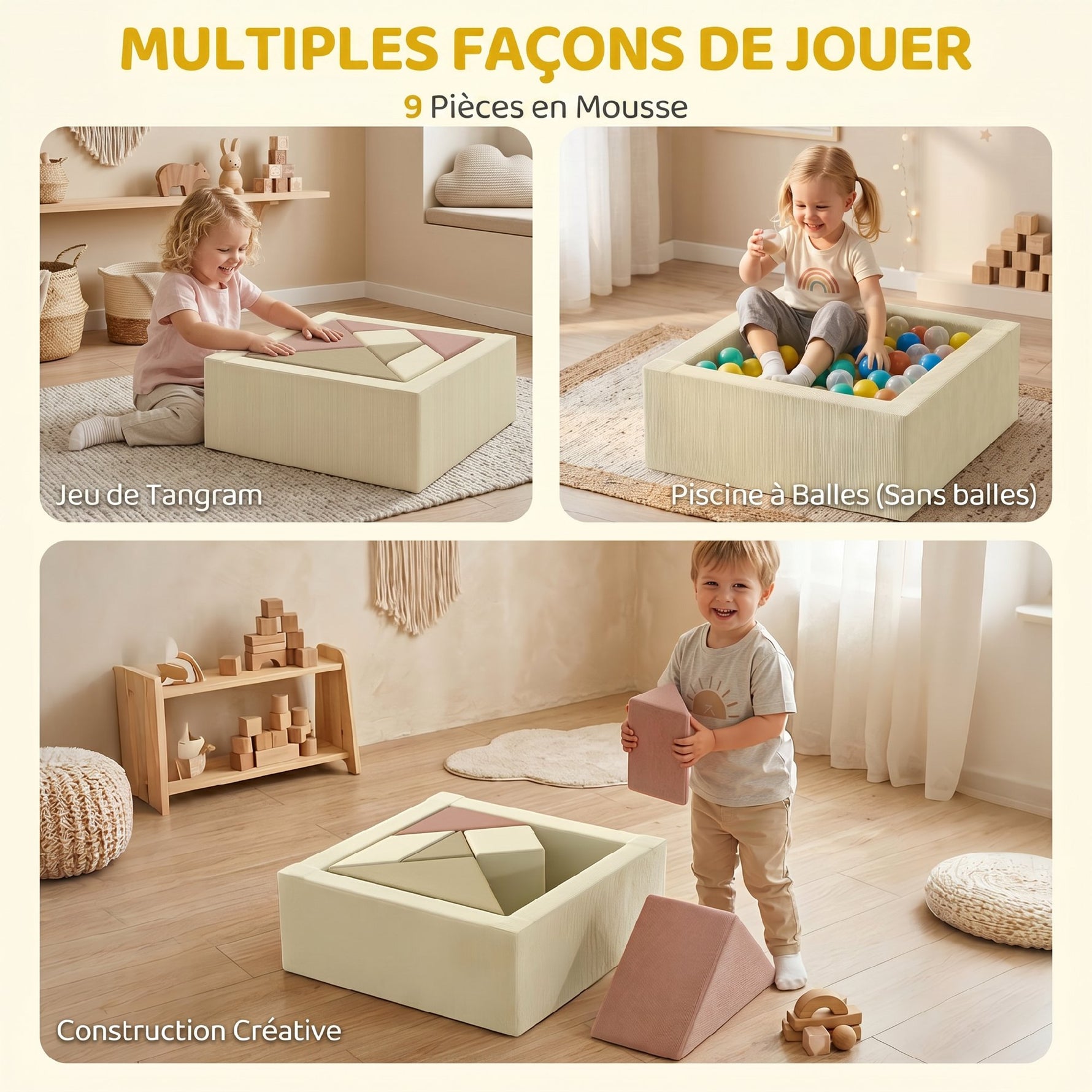 Parcours motricité bébé 9PCS avec piscine à balles, module en mousse souple avec housse en velours côtelé, multicolore