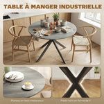 Table à Manger Ronde pour 4 Personnes 100 cm, Style Industriel avec Plateau Aspect Bois, Piètement Croisé en Acier, Gris