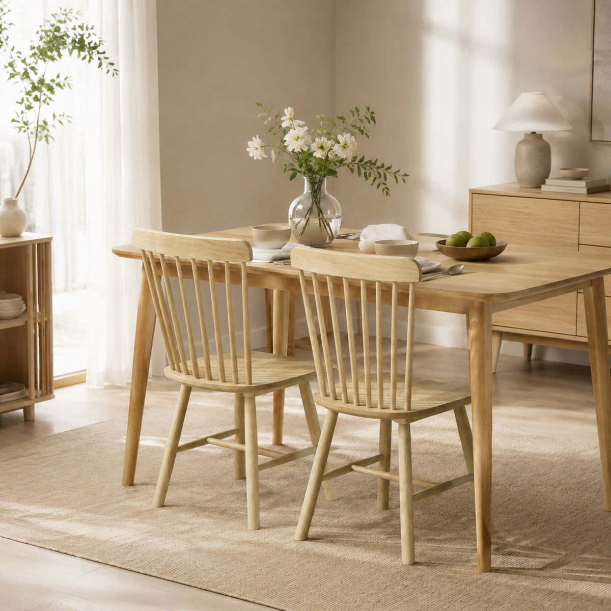 Lot de 2 Chaises de Salle à Manger, Chaises Cuisine en Bois d'Hévéa, Dossier Incurvé, Bords Arrondis, Bois Naturel