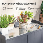 Armoire de rangement de jardin sur pied, table de rempotage 2 en 1 double porte, étagère, plateau métal galvanisé - gris