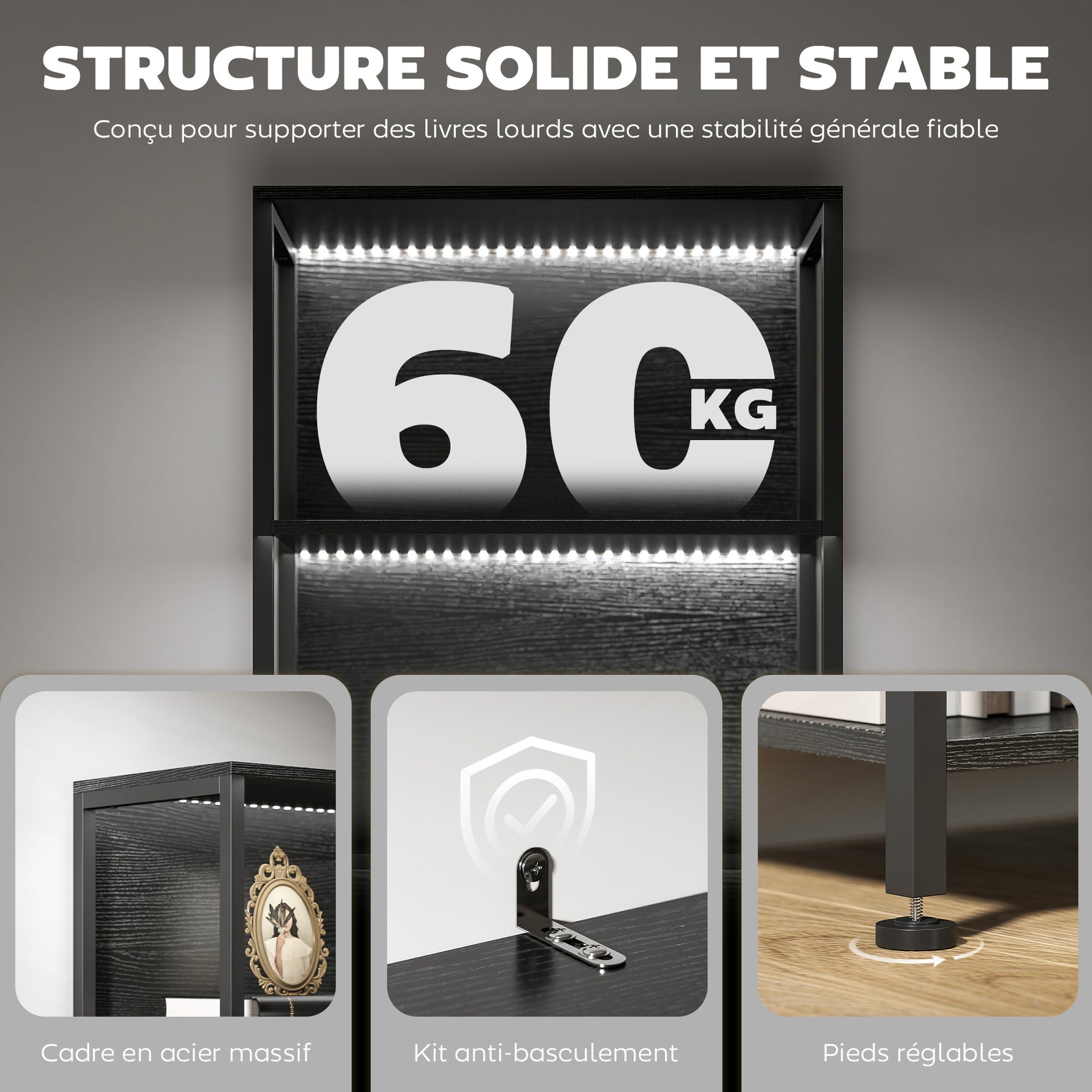 Bibliothèque étagère de rangement à 5 niveaux avec éclairage LED 7 couleurs, structure en acier, 60 x 30 x 179 cm, noir