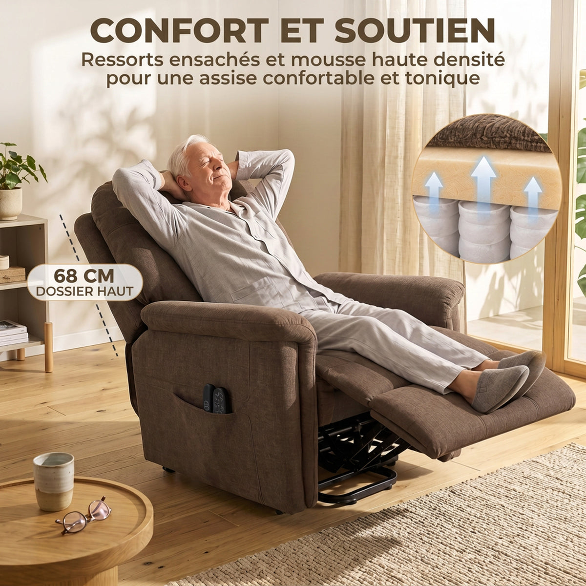 Electric Lift Chair Massage and Heat Electric Recliner Chair Velvet USB Port Reclining Backrest Brown