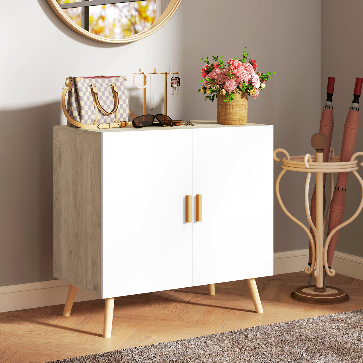 Buffet meuble de rangement avec poignées en bambou étagère ajustable base surélevée 76 x 41,2 x 74 cm blanc bois naturel