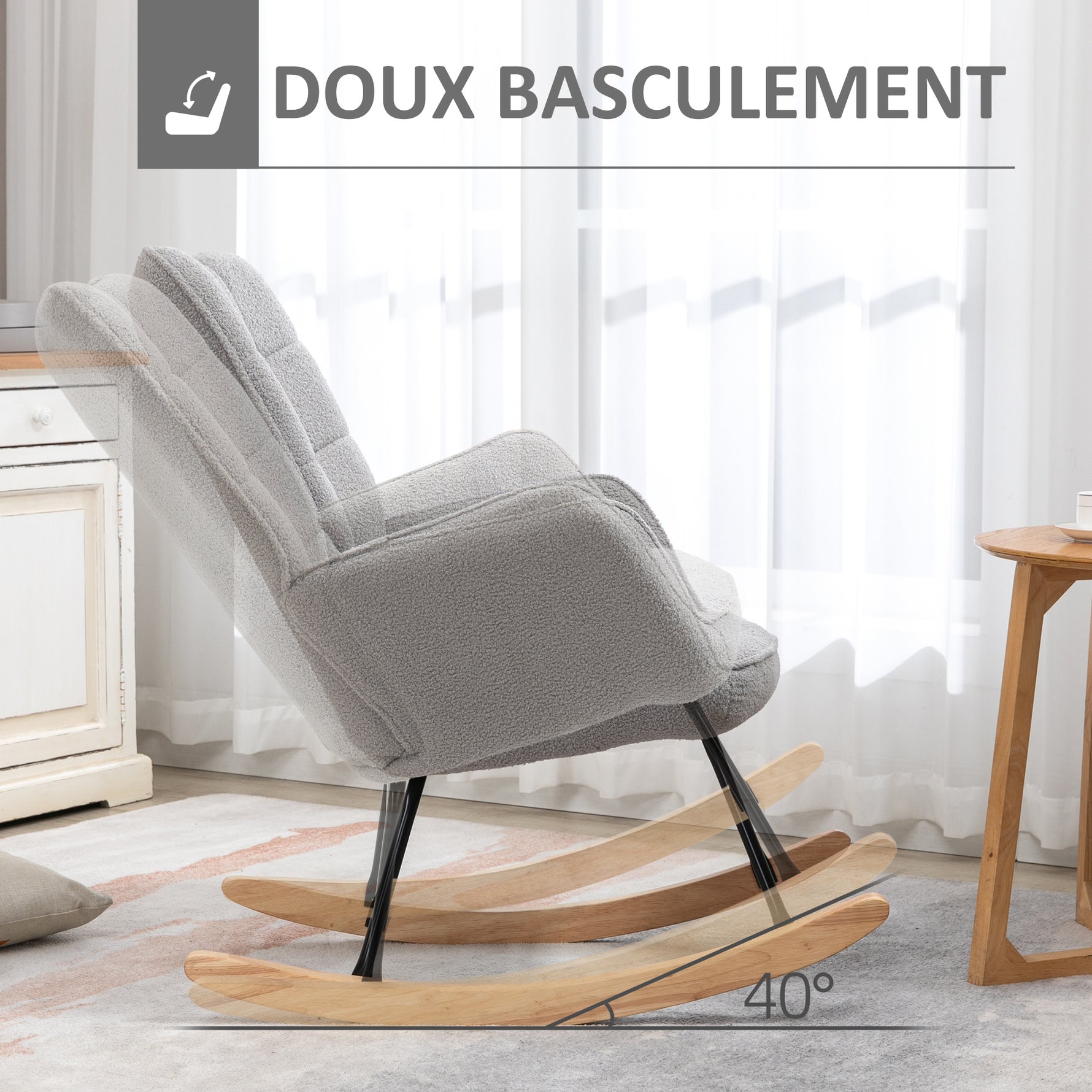 Fauteuil à bascule rocking chair revêtement bouclette structure en acier 71 x 98 x 101 cm Gris clair