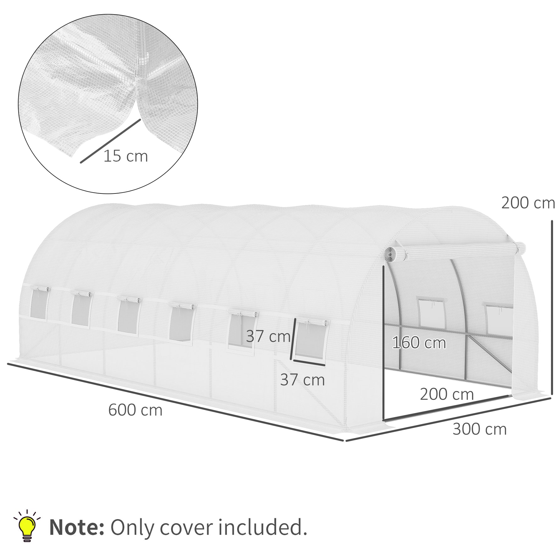 Bâche de Rechange Serre Tunnel 18 m², bâche 6L x 3l x 2H m PE Anti-UV imperméable 12 fenêtres + Porte Enroulable zippée