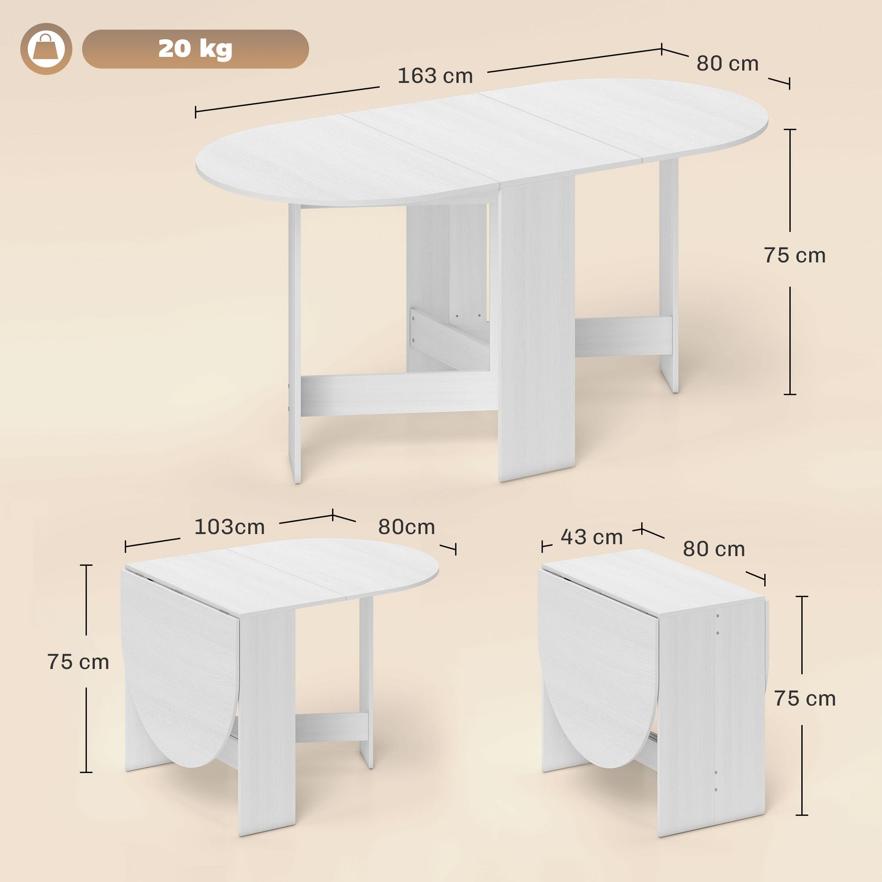 Table à manger pliante, table pliante cuisine ovale jusqu'à 6 personnes, pour petits espaces, salle à manger, blanc-2
