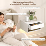 Lot de 2 tables de chevet suspendues avec éclairage LED RGB contrôle par application, étagère, tiroir, 37x32x21cm, blanc
