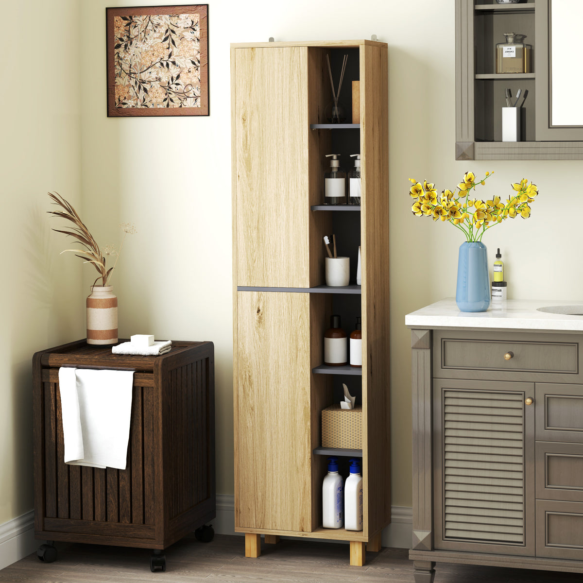 Meuble colonne salle de bain, armoire de salle de bain avec 6 compartiments ouverts et 2 placards, bois naturel