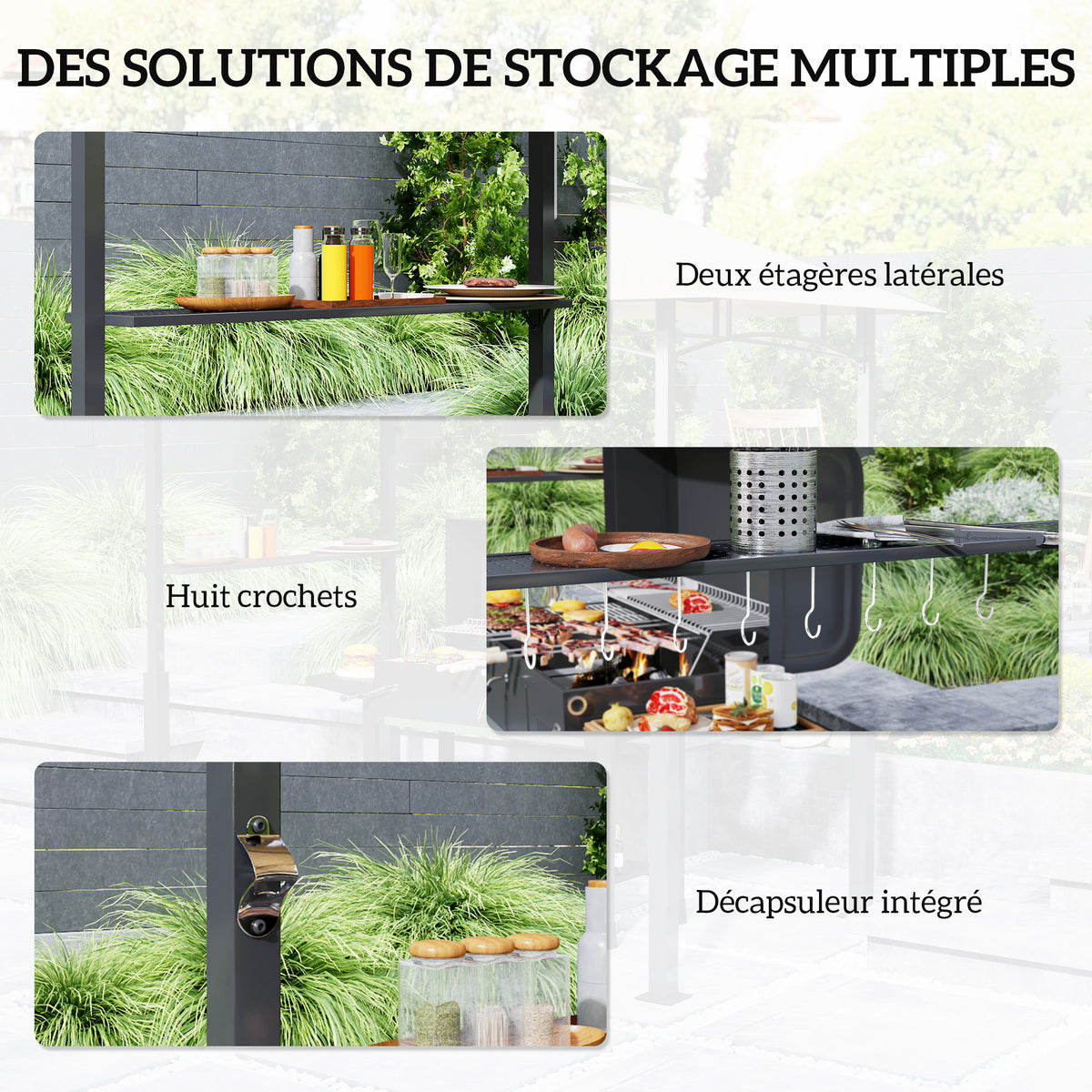 Tonnelle de barbecue à deux niveaux auvent de réception pour jardin avec lumière LED 243 x 148 x 248 cm kaki