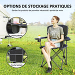Chaise de camping pliante et portable avec porte-gobelets, poches latérales et sac de transport, noir