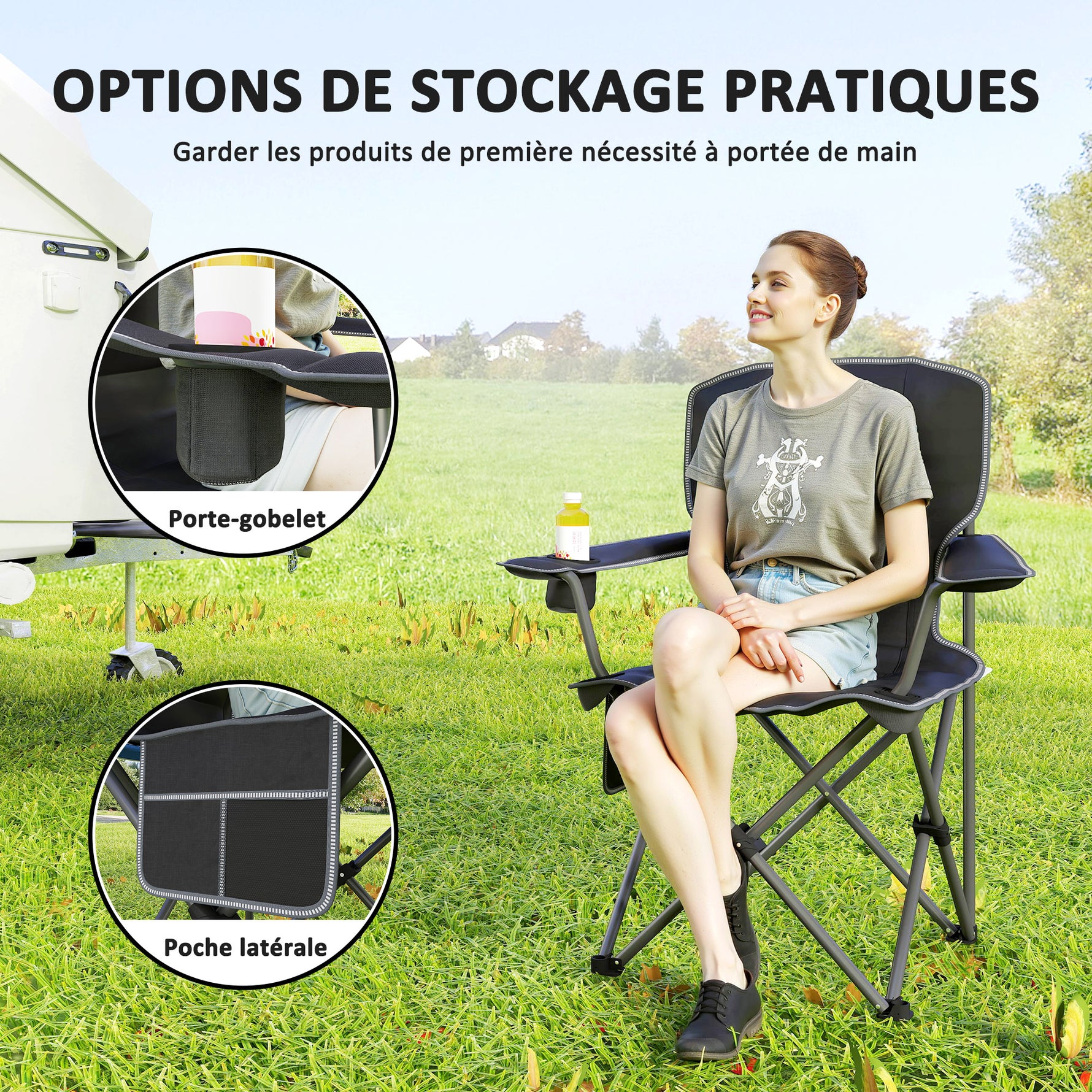 Chaise de camping pliante et portable avec porte-gobelets, poches latérales et sac de transport, noir