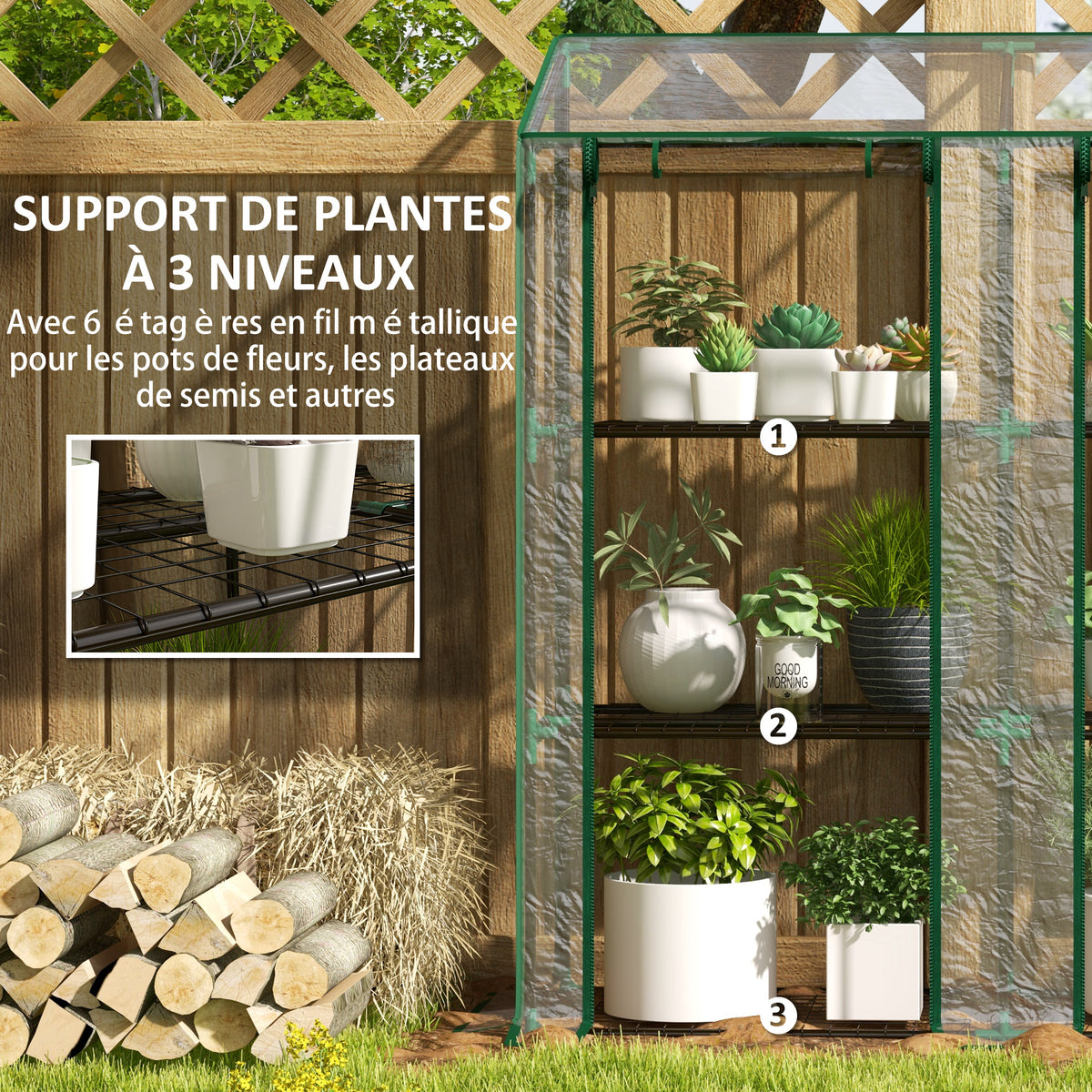 Mini serre de jardin 3 niveaux avec bâche en plastique, 2 portes enroulables, 6 étagères, dim. 143L x 46l x 141/151H cm