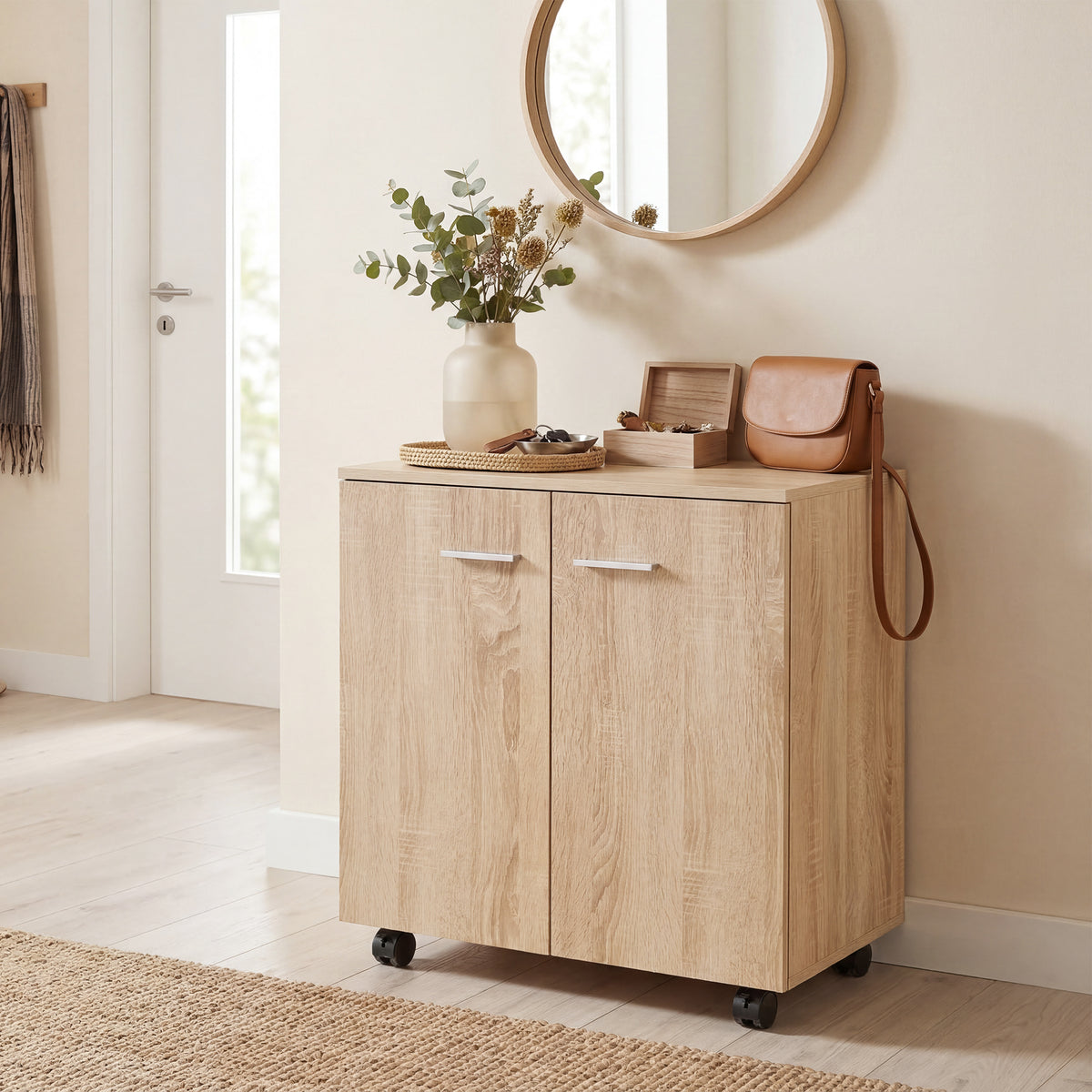 Meuble de Rangement Buffet bas sur roulettes avec 2 Portes étagère Interne 60 x 35 x 65 cm bois naturel