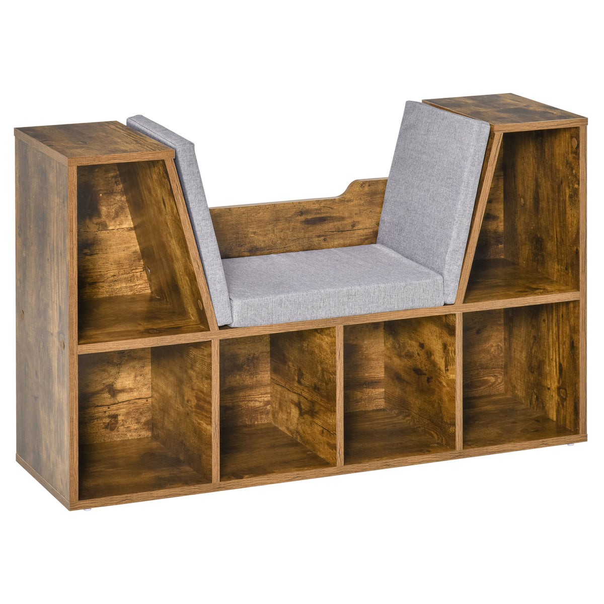 Bibliothèque banc 2 en 1 avec coussins de siège, étagère cube 6 compartiments ouverts, 102 x 30 x 61 cm, brun rustique