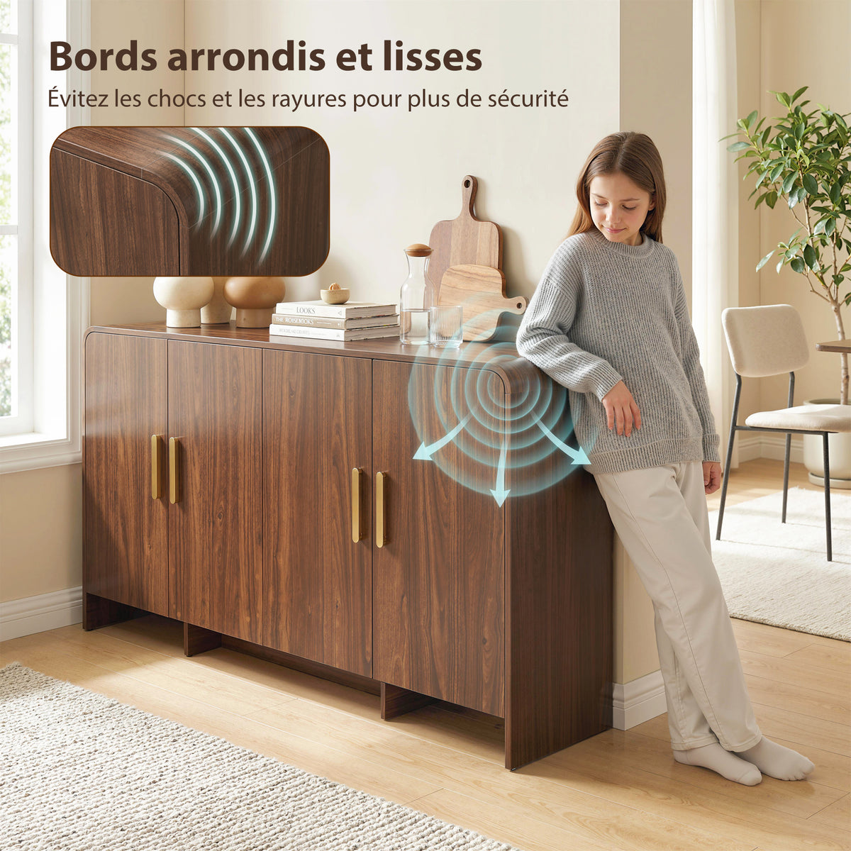 Credenza da cucina, mobile contenitore con 4 ante a chiusura ammortizzata, 4 scomparti e bordi arrotondati, 152x40x80cm, noce