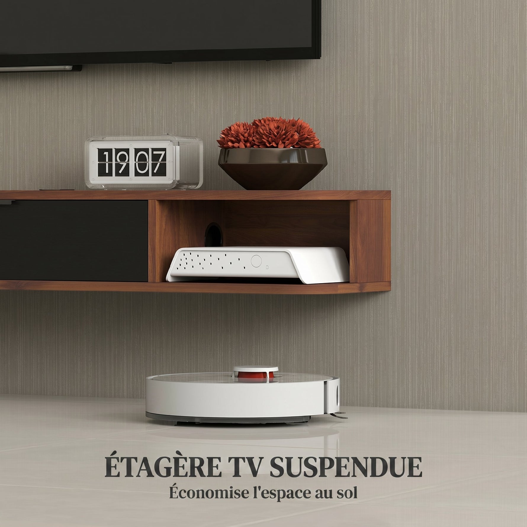 Meuble TV Suspendu, Meuble Télé pour Téléviseur jusqu'à 50 Pouces, Tiroir Rabattable, 2 Étagères, 120x24x16cm, Noyer