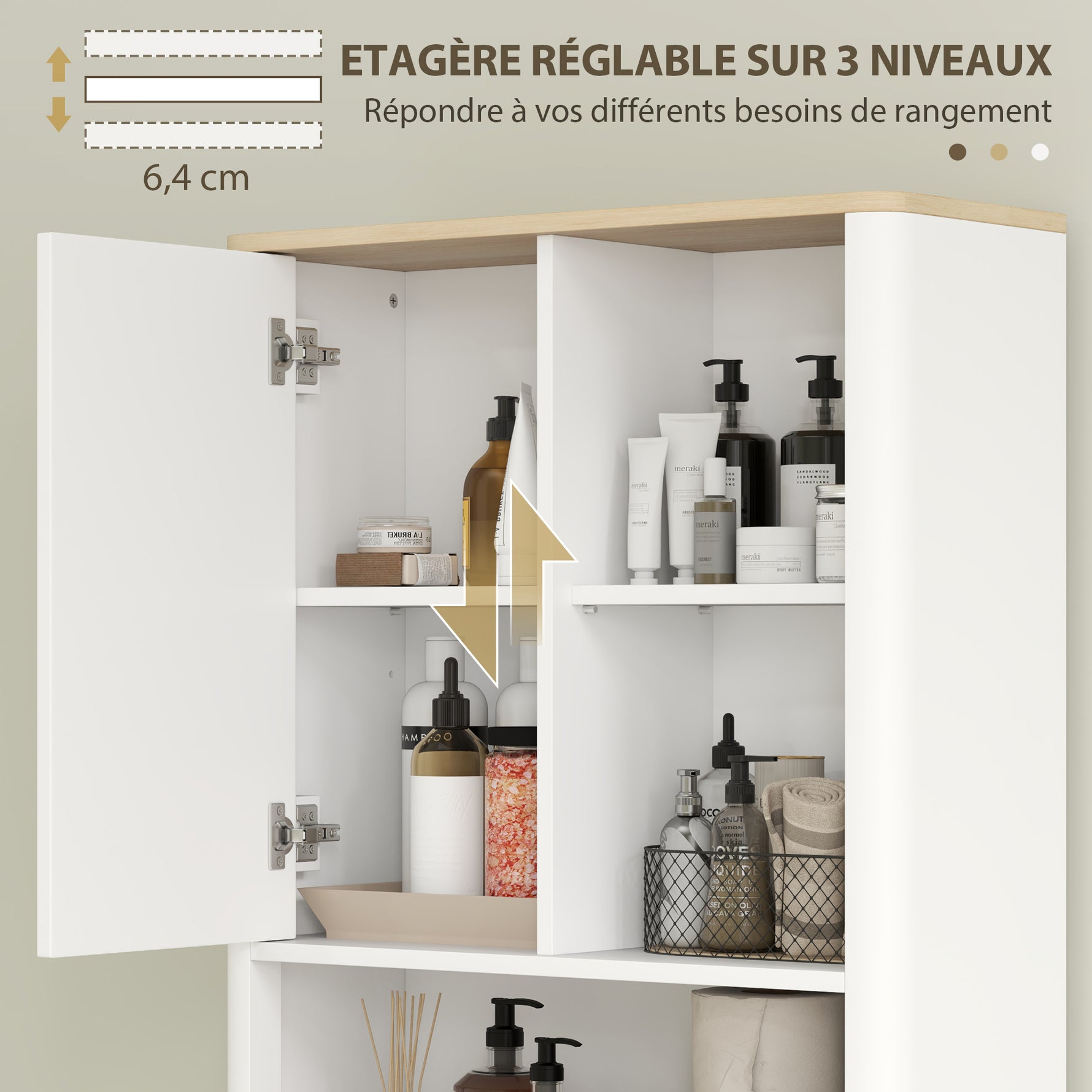 Meuble de rangement au-dessus des toilettes avec porte cannelée, compartiments, étagère réglable, 65x25x170cm, blanc