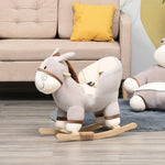 Cheval à Bascule modèle âne Fonction Musicale Selle Grand Confort Peluche Courte Douce Bois peuplier Gris dim. 61L x 34l x 58H cm