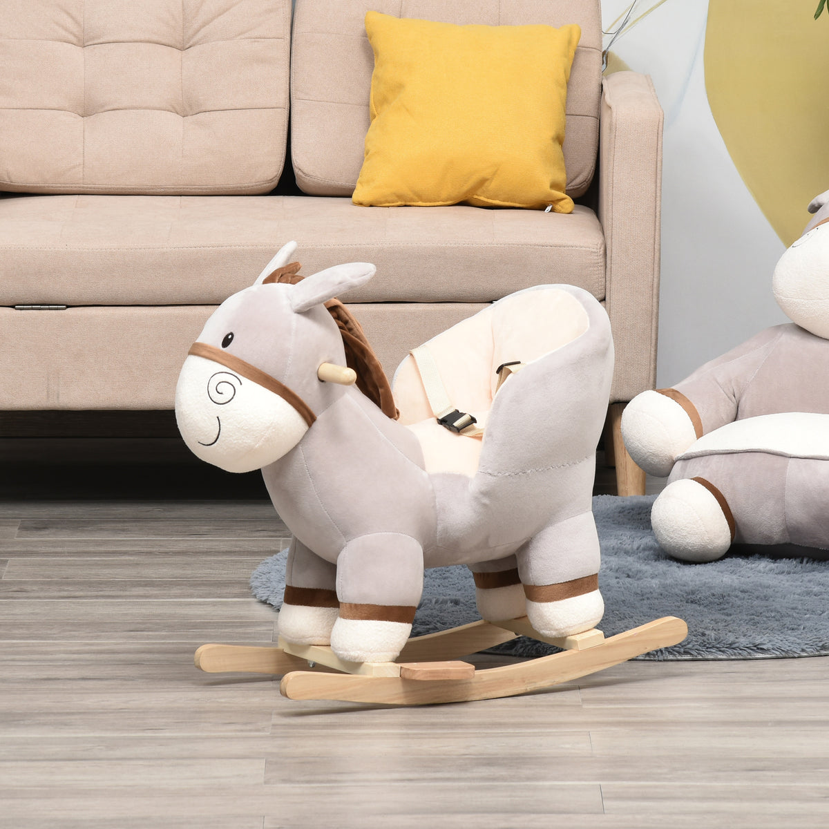 Cheval à Bascule modèle âne Fonction Musicale Selle Grand Confort Peluche Courte Douce Bois peuplier Gris dim. 61L x 34l x 58H cm