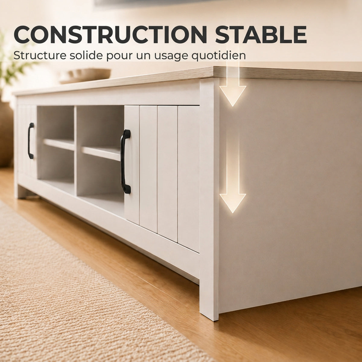 Meuble TV 175 cm, Meuble Télé pour Téléviseur jusqu'à 55 Pouces avec 2 Portes et 4 Compartiments Ouverts, Chêne et Blanc