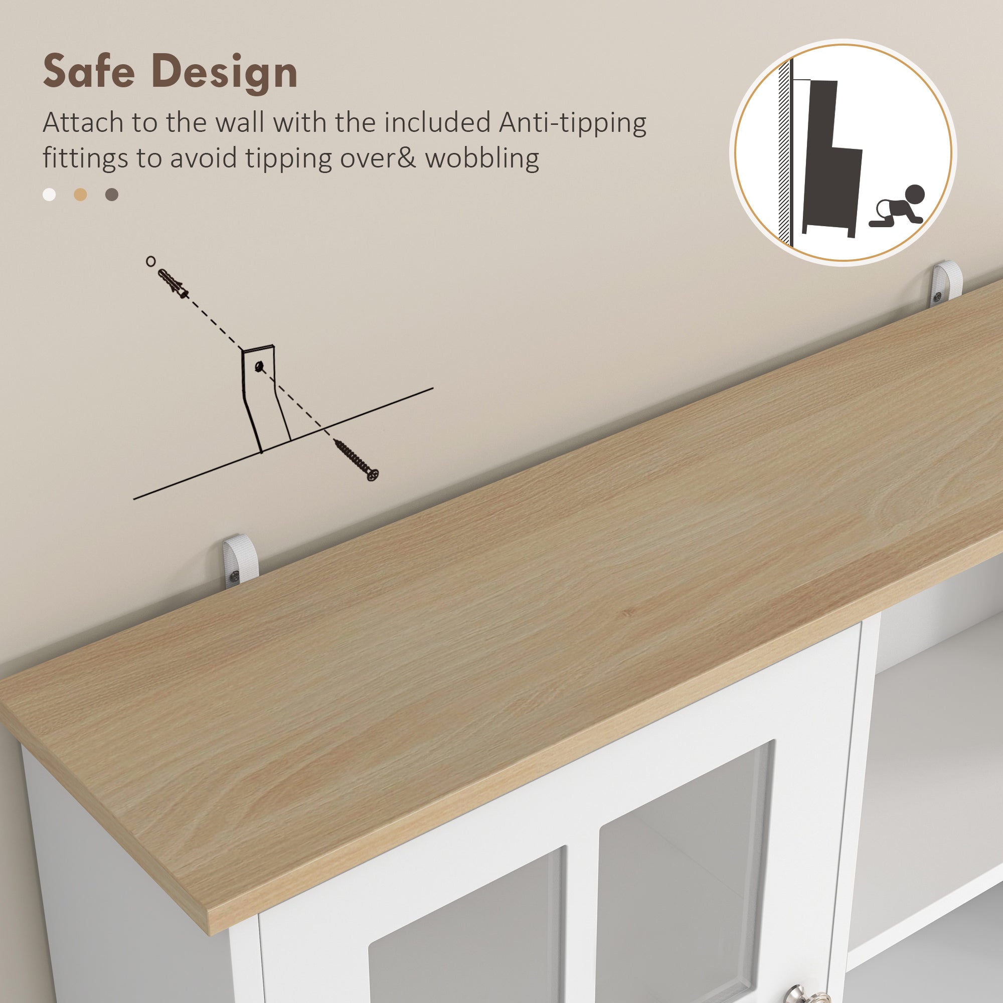 Aparador de cocina, mueble de cocina alto de almacenamiento, mueble de almacenamiento con encimera, 3 puertas acristaladas, 2