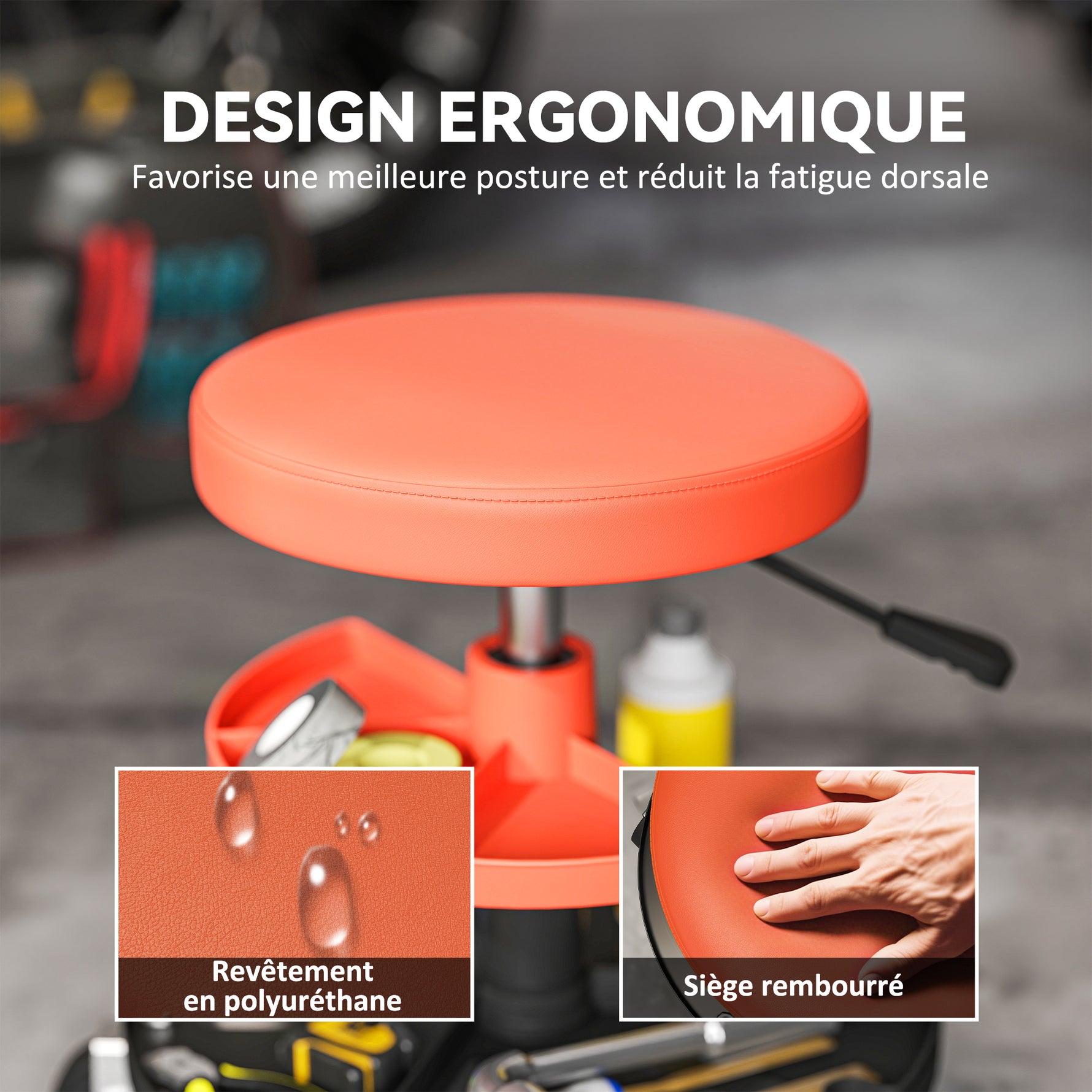 Tabouret d'atelier à roulettes, tabouret de mécanicien avec hauteur réglable 40-51 cm, 2 étagères 38x38x51cm, jaune
