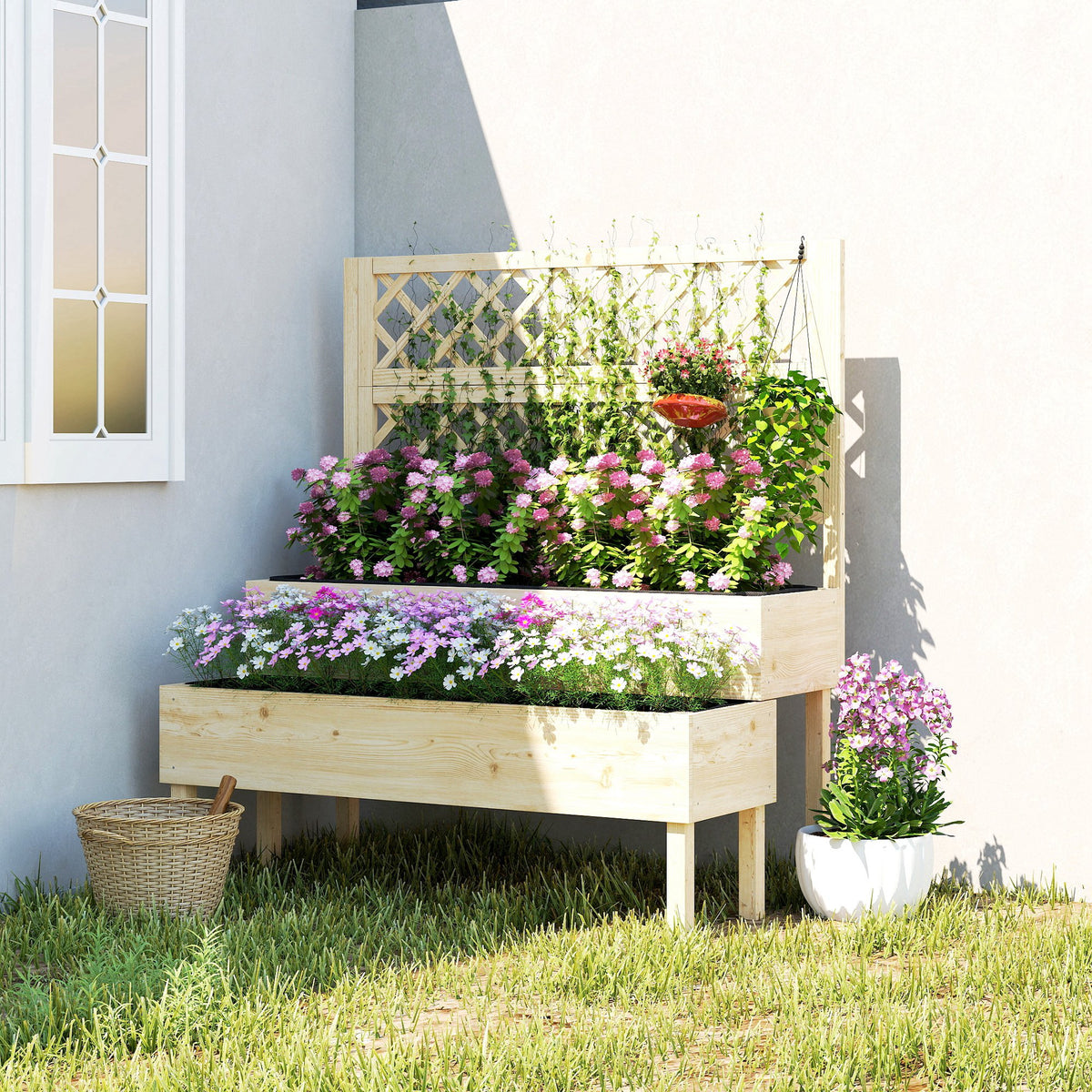 Jardinière à 2 Niveaux avec Treillis, bac à fleurs, avec tissu non tissé, 108 x 62 x 120 cm, effet bois naturelle-9