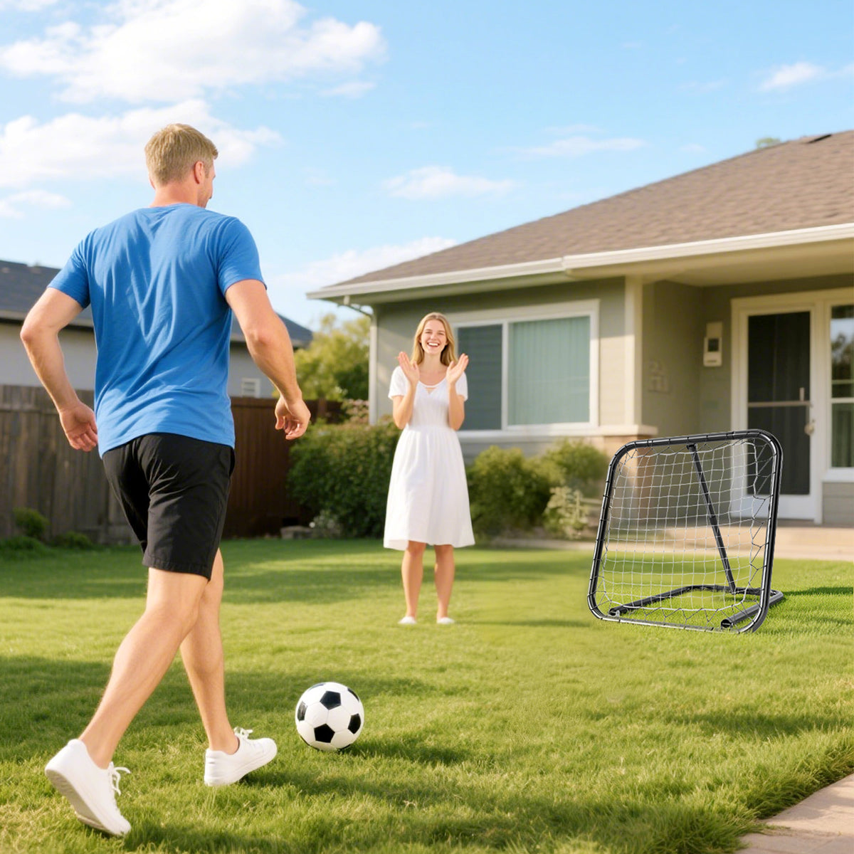 Filet de rebond de football rebondisseur de football ajustable pliable portable 4 piquets de fixations au sol filet de PE noir blanc 78 x 84 x 78 cm