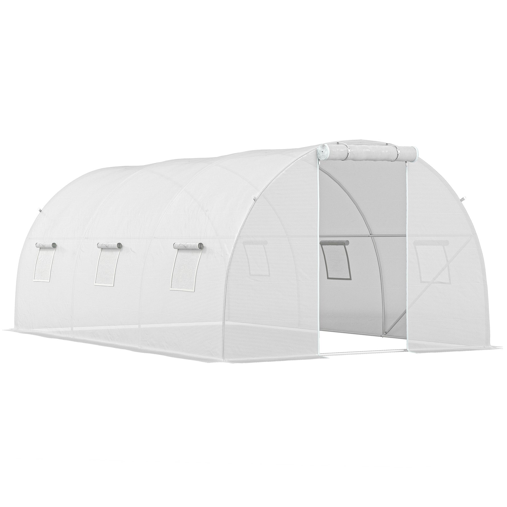 Serre de jardin tunnel 13,5 m² 6 fenêtres, porte zippée enroulable châssis acier galvanisé, bâche PE 4,5 x 3 x 2 m blanc