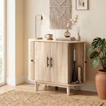 Buffet salon, meuble de rangement ovale avec 4 portes et étagère réglable, 90 x 40 x 76 cm, chêne