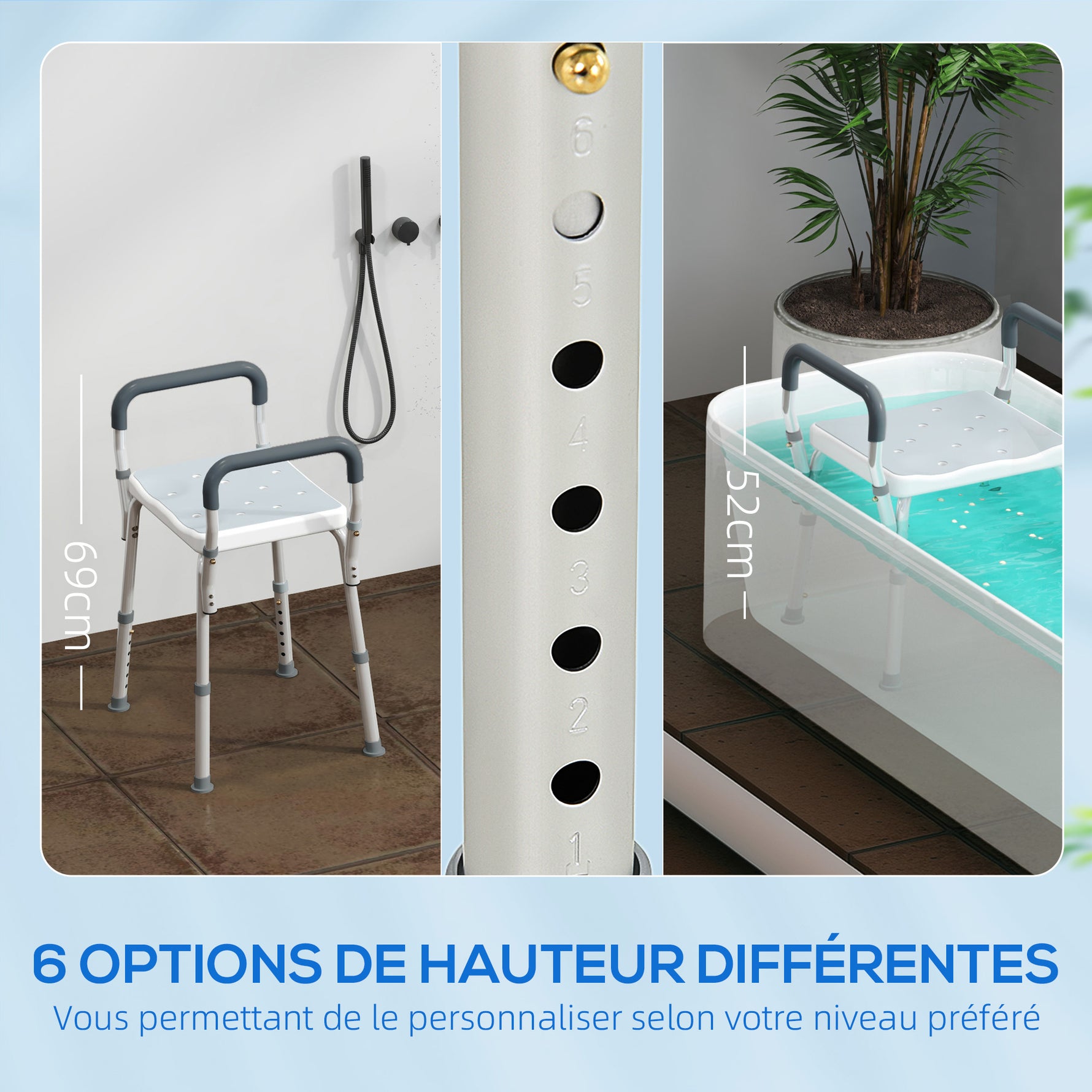 Tabouret de douche pour personnes âgées et handicapées avec accoudoirs, hauteur réglable, patins antidérapants, bleu